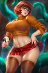  1girl black-framed_eyewear breasts brown_hair brown_thighhighs clothes_lift crop_top glasses highres holding holding_magnifying_glass large_breasts magnifying_glass miniskirt navel_piercing neoartcore orange_sweater paid_reward_available panties pantyshot patreon_username piercing red_skirt scooby-doo short_hair skirt skirt_lift solo sweater tentacles thighhighs turtleneck turtleneck_sweater underwear velma_dace_dinkley white_panties 