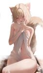  1girl :3 absurdres animal_ear_fluff animal_ears bare_shoulders belly blonde_hair blue_eyes blush breasts collarbone crossed_bangs crossed_legs dog_ears dog_girl dog_tail full-face_blush hair_between_eyes hair_intakes highres hololive hololive_english looking_at_viewer medium_breasts medium_hair mococo_abyssgard naked_towel navel open_mouth prab sauna simple_background sitting smile solo tail towel virtual_youtuber wide_hips 
