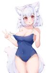  1girl alternate_costume animal_ear_fluff animal_ears bare_shoulders blush breasts cleavage commentary_request covered_navel fang grey_hair inubashiri_momiji large_breasts looking_at_viewer medium_hair nail_polish one-piece_swimsuit open_mouth pink_eyes rururiaru simple_background skin_fang solo strap_pull swimsuit tail touhou white_background wolf_ears wolf_tail 