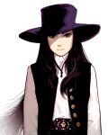  1girl belt_buckle black_eyes black_hair black_headwear black_vest buckle closed_mouth commentary cowboy_hat expressionless hat kaji_meiko long_hair looking_at_viewer mature_female psychedelic shaded_face solo_focus standing stray_cat_rock:_sex_hunter takeshi vest white_background 