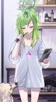  1girl absurdres ahoge blush brushing_teeth cellphone closed_eyes curry_bowl delutaya diagonal_bangs dog electric_toothbrush feet_out_of_frame green_hair highres holding holding_phone indie_virtual_youtuber indoors long_shirt multicolored_hair phone pink_hair shirt shirt_tug sleeves_past_elbows smartphone solo streaked_hair virtual_youtuber waking_up white_shirt 
