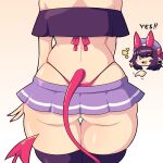  1girl ass ass_focus black_thighhighs chibi chibi_inset crop_top daigada demon_girl demon_horns demon_tail ear_piercing from_behind gradient_background hat head_out_of_frame highres horns microskirt midriff multiple_views one_eye_closed original panties piercing pink_nails pink_panties pointing pointy_ears purple_hair short_hair simple_background skirt solo tail thigh_gap thighhighs underwear whale_tail_(clothing) yes 