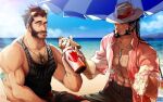  2boys alternate_costume animal_print arm_hair bara bare_arms beach beard biceps black_male_swimwear black_tank_top chest_hair collaboration couple cowboy_hat facial_hair feet_out_of_frame flower flower_on_head graves_(league_of_legends) hair_slicked_back hairy hand_up hat holding jewelry karipaku large_pectorals league_of_legends long_hair male_focus male_swimwear mature_male multiple_boys muscular muscular_male mustache necklace p2yong pectoral_cleavage pectorals print_shirt raised_eyebrow shirt short_hair sidepec sitting smile sunglasses swim_trunks tank_top thick_eyebrows topless_male twisted_fate veins veiny_arms yaoi zebra_print 