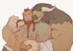  110_(ylnzei) 2boys abs absurdres bara beard body_markings braid braided_beard brown_hair couple cuddling curled_horns dark-skinned_male dark_skin eyebrow_cut facial_hair furry furry_male furry_with_non-furry grabbing_another&#039;s_hair hand_on_another&#039;s_shoulder happy highres holding_hands horns interspecies large_hands large_pectorals long_beard male_focus minotaur multiple_boys muscular muscular_male nipples orc original pectorals receding_hairline short_hair sketch stomach thick_arms thick_eyebrows topless_male tusks upper_body yaoi 