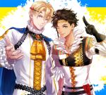  2boys alfred_(fire_emblem) alfred_(fire_emblem)_(cosplay) ascot black_gloves blonde_hair blue_cape blue_eyes brown_hair cape circlet claude_von_riegan cosplay dimitri_alexandre_blaiddyd fire_emblem fire_emblem:_three_houses fire_emblem_engage fogado_(fire_emblem) fogado_(fire_emblem)_(cosplay) gloves gold_circlet green_eyes male_focus multiple_boys saku_(soreca49) yellow_ascot 