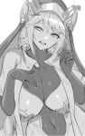  1girl :d absurdres armored_bodysuit blush bodysuit breasts covered_navel goddess_of_victory:_nikke greyscale hand_on_own_chest hands_up heart heart-shaped_pupils highres kurone_rinka large_breasts long_braid long_hair looking_at_viewer monochrome nun open_mouth rapunzel_(nikke) simple_background sketch smile solo symbol-shaped_pupils unfinished veil very_long_hair white_background 