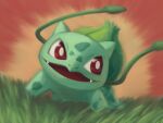  animal_focus bright_pupils bulbasaur fangs grass highres motion_lines no_humans nostrils on_grass open_mouth pepe_dcc plant pokemon red_background red_eyes solo vine_whip vines white_pupils 