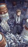  1boy belt brown_belt brown_hair business_suit collared_shirt commentary english_text grey_jacket grey_pants highres jacket male_focus mark_scout medicine name_tag necktie pants pill pill_bottle severance_(series) shirt short_hair solo suit sweatdrop too_many wenny02 white_shirt 
