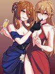  2girls bare_shoulders blue_gloves breasts brown_background brown_eyes brown_hair center_opening cleavage cowboy_shot criss-cross_halter cup dress finger_to_another&#039;s_mouth girls&#039;_frontline gloves green_eyes groin halterneck highres holding holding_cup large_breasts multiple_girls off-shoulder_dress off_shoulder ots-14_(girls&#039;_frontline) pixel_art red_gloves sideboob simple_background springfield_(girls&#039;_frontline) yiricannon yuri 