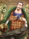  1boy absurdres ascot black_hair cigar collared_shirt crocodile_(one_piece) curiyakiimo feet_out_of_frame flower geokinesis hair_slicked_back happy_birthday highres hook_hand jewelry large_pectorals leg_up lily_(flower) male_focus mature_male multiple_rings one_piece pectorals ring sand scar scar_on_face scar_on_nose shirt short_hair sitting smoking solo stitches 