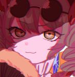  1girl :3 chromatic_aberration close-up closed_mouth drill_hair eyewear_on_head head_tilt light_smile limited_palette looking_at_viewer one-hour_drawing_challenge solo sunglasses touhou yellow_eyes yorigami_jo&#039;on zabu_rou 