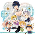  6+boys argyle argyle_sweater black_eyes black_hair blonde_hair blunt_bangs bob_cut bruno_bucciarati cake chibi cleavage_cutout clothing_cutout crop_top food fork giorno_giovanna green_eyes grey_hair guido_mista hair_ornament hat headband highres jojo_no_kimyou_na_bouken ladybug_ornament leone_abbacchio male_focus mikan03260 multicolored_eyes multiple_boys narancia_ghirga necktie orange_eyes pannacotta_fugo pectoral_cleavage pectorals purple_eyes sweater vento_aureo zipper zipper_pull_tab 