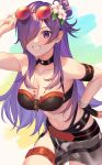  1girl absurdres bare_shoulders bikini black_bikini black_choker breasts choker cleavage fire_emblem fire_emblem:_three_houses fire_emblem_heroes fire_emblem_warriors:_three_hopes flower hair_bun hair_flower hair_ornament hair_over_one_eye highres kita_282 large_breasts long_hair looking_at_viewer navel official_alternate_costume purple_eyes purple_hair shez_(female)_(fire_emblem) shez_(female)_(summer)_(fire_emblem) shez_(fire_emblem) single_hair_bun smile solo stomach swimsuit white_flower 