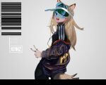  1girl alternate_costume animal_ear_fluff animal_ears barcode black_jacket black_pants blonde_hair blue_eyes bracelet candy commentary_request copyright_name cowboy_shot dog_ears dog_tail earphones food grey_background hair_between_eyes jacket jewelry kmnz lollipop long_hair long_sleeves looking_at_viewer mc_lita mouth_hold nail_polish off_shoulder open_clothes open_jacket open_mouth pants red_nails ring seimannu solo standing streetwear tail track_suit v virtual_youtuber visor_cap 