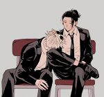  2boys black_footwear black_hair black_jacket black_necktie black_pants black_suit blue_background brown_eyes chair collared_shirt cowboy_shot ear_piercing eyewear_on_head formal getou_suguru gojou_satoru hair_bun hair_pulled_back jacket ju_angbal_love jujutsu_kaisen long_sleeves male_focus multiple_boys necktie pants piercing round_eyewear shirt shoes short_hair simple_background sitting suit sunglasses white_hair white_shirt 