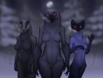  2023 anthro badger biped black_body black_fur blurred_background breasts claws digital_media_(artwork) featureless_breasts featureless_crotch female finger_claws forest full_moon fur gesture glowing glowing_eyes grey_body grey_fur group gulonine hi_res looking_at_viewer mammal marten moon multicolored_body multicolored_fur mustelid musteline orange_eyes outside patecko plant tree trio two_tone_body two_tone_fur waving waving_at_viewer whiskers white_body white_fur wide_hips wolverine yellow-throated_marten 