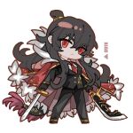  1girl black_jacket black_pants brown_hair character_name chibi closed_mouth coat coat_on_shoulders dragon_tail fur-trimmed_coat fur_trim glory01200 guan_dao hair_bun holding holding_polearm holding_sword holding_weapon jacket library_of_ruina long_hair looking_at_viewer necktie pants polearm project_moon red_coat red_eyes red_necktie sidelocks solo sword tail tie_clip very_long_hair weapon xiao_(library_of_ruina) 
