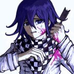  1boy arrow_(projectile) blood blood_on_face blue_eyes blue_hair checkered_clothes checkered_scarf danganronpa_(series) danganronpa_v3:_killing_harmony grey_background grey_jacket hair_between_eyes highres holding holding_arrow jacket medium_hair open_mouth ouma_kokichi pink_blood scarf simple_background solo sweat teeth upper_body upper_teeth_only xiang_(hako54559088) 