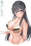  1girl absurdres agano_(kancolle) bare_shoulders bikini black_hair blue_eyes blush bottomless breasts collarbone gold_bikini highres kantai_collection long_hair looking_at_viewer navel one-hour_drawing_challenge swimsuit tf_cafe victory_pose 