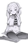  1girl aged_down belt capelet commentary earrings elf frieren greyscale jewelry looking_at_viewer medium_hair monochrome pants pointy_ears simple_background sitting smile solo sousou_no_frieren ter_(otokoter) twintails white_background 