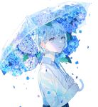  1girl absurdres blue_flower blue_hair blue_ribbon blue_skirt blue_theme collared_shirt commentary flower hagimorijia hair_behind_ear hair_between_eyes highres holding holding_umbrella hydrangea long_sleeves neck_ribbon original petals pleated_skirt rain ribbon shade shirt short_hair simple_background skirt solo transparent transparent_umbrella umbrella upper_body white_background white_shirt 