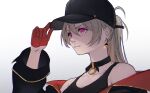  1girl azur_lane bare_shoulders baseball_cap black_choker black_headwear black_jacket choker closed_mouth collarbone commentary_request crop_top earrings gloves hair_between_eyes hair_through_headwear hand_on_headwear hand_up hat hatski.sin highres jacket jean_bart_(azur_lane) jewelry light_brown_hair long_hair long_sleeves multicolored_clothes multicolored_jacket off_shoulder pink_eyes red_gloves red_jacket simple_background two-tone_jacket upper_body white_background 