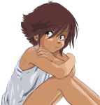  1980s_(style) 1girl arion bare_arms bare_shoulders black_eyes brown_hair dark-skinned_female dark_skin dress grey_dress hair_between_eyes highres looking_to_the_side mizumori_keiichi retro_artstyle seneca short_hair simple_background sitting solo white_background 