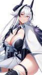  1girl absurdres asymmetrical_coat asymmetrical_dress azur_lane between_legs black_hair black_straps breasts cleavage cleavage_cutout clothing_cutout cross-laced_footwear fur_shawl hair_intakes hand_between_legs highres kursk_(azur_lane) large_breasts long_hair multicolored_hair necktie partially_unbuttoned seele0907 shawl side_slit sitting thigh_strap two-tone_dress two-tone_hair white_background 