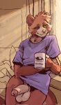  anthro balls bottomless canid canine casual_nudity clothed clothing coffee_mug deren_(kagami_valgus) flaccid foreskin furvidd genitals green_eyes half-erect hi_res humanoid_genitalia light male mammal one_eye_closed pantsless penis raccoon_dog shirt shirt_only solo sunlight t-shirt tanuki topwear topwear_only wink 