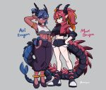  2girls ahoge amazu_(kurozu) aoi_(amazu) arm_behind_head arm_up black_footwear black_shorts blue_eyes blue_hair boots breasts character_name crop_top dark-skinned_female dark_skin dragon_girl dragon_horns dragon_tail earrings english_text flower green_eyes grey_background highres hip_vent horns jacket jewelry long_sleeves mari_(amazu) medium_breasts midriff multicolored_hair multiple_girls navel orange_hair original pants pointy_ears ponytail purple_flower purple_pants red_hair red_jacket shoes short_shorts shorts signature simple_background standing streaked_hair tail 