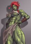  1509virgoart 1girl abs absurdres bra closed_eyes colored_skin female_orc green_skin hands_on_own_hips heart highres muscular muscular_female orc original pointy_ears red_hair scar scar_on_arm scar_on_breasts scar_on_face scar_on_leg scar_on_shoulders scar_on_stomach shadow simple_background solo torn_loincloth tusks underwear 