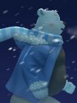  2023 anthro bear belly big_belly blue_eyes blush bottomwear clothing gozmori hi_res kemono male mammal outside overweight overweight_male pants polar_bear scarf shirane_kan snow snowing solo sweater topwear ursine utau white_body 