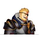  1boy armor beard blonde_hair breastplate closed_eyes eyepatch facial_hair fangs gyee hood hoodie itto_(mentaiko) male_focus markus_(gyee) mature_male medal scar shoulder_armor simple_background smile solo spiked_hair sprite teeth thick_eyebrows tongue upper_body white_background 