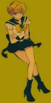  1girl bishoujo_senshi_sailor_moon blonde_hair blue_eyes bow choker earrings full_body gloves highres jewelry magical_girl pikurusu sailor_uranus short_hair skirt smile solo ten&#039;ou_haruka yellow_bow 