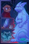  2023 ambiguous_gender anthro aquatic_dragon broken_glass brown_body brown_fur cape clothing comic digital_media_(artwork) dragon duo fur glass hair hi_res hioshiru knife liquid mammal marine mustelid nude otter shocked_expression tail 