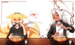  2girls absurdres animal_ears arknights black_hoodie black_jacket blonde_hair blush bowl braid character_request chopsticks closed_mouth collarbone commentary_request cup dark-skinned_female dark_skin drinking_glass fingernails food fox_ears fox_girl fox_tail green_eyes hardboiled_egg head_tilt heart highres holding holding_chopsticks hood hood_down hoodie jacket kitsune long_fingernails long_hair long_sleeves mask mask_pull mouth_mask multiple_girls naihe nail_polish nose_blush open_clothes open_jacket parted_bangs red_eyes red_nails sharp_fingernails shirt simple_background skeletal_tail spoken_heart suzuran_(arknights) sweat tail tray upper_body very_long_hair white_background white_hair white_shirt 