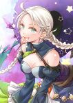  1girl ahoge alternate_costume aqua_eyes bare_shoulders braid breasts candy cleavage earrings ebi_puri_(ebi-ebi) fire_emblem fire_emblem_fates fire_emblem_heroes food food_in_mouth halloween halloween_costume hat jewelry lollipop looking_at_viewer low_twin_braids medium_breasts nina_(fire_emblem) parted_bangs solo twin_braids upper_body white_hair witch witch_hat 
