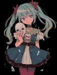  1girl black_background blue_eyes blue_hair blue_nails brown_choker choker clown_mask commentary crying dress hatsune_miku highres karakuri_pierrot_(vocaloid) long_hair mask menma_(enaic31) pantyhose red_pantyhose regret_(module) short_sleeves simple_background solo twintails twitter_username vocaloid 