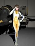  1girl 3d asian bodysuit boots brown_eyes brown_hair choujikuu_yousai_macross commentary_request gloves hangar highres lips looking_at_viewer macross missile_pod original pilot_suit pit1208 realistic salute science_fiction spacecraft spacesuit starfighter variable_fighter 