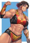  1girl black_hair blue_background blue_eyes border breasts cleavage flexing highres large_breasts looking_to_the_side mikel_(4hands) multicolored_hair muscular muscular_female original red_hair short_hair solo tan tank_top teeth thick_thighs thighs veins veiny_arms veiny_thighs white_border wrestler 