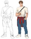  1boy bara before_and_after clothes_around_waist cup disposable_cup full_body hand_in_pocket highres jacket jacket_around_waist light_smile looking_at_viewer male_focus nike original shirt short_hair smile t-shirt thick_eyebrows toned toned_male youchi123 