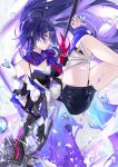  1girl absurdres ahoge breasts bug butterfly cleavage highres holding holding_scythe honkai:_star_rail honkai_(series) purple_butterfly purple_eyes purple_scarf scarf scythe seele_(honkai:_star_rail) solo thighs vardan 
