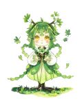  1girl absurdres blush chinese_clothes facial_mark female_child forehead_mark full_body grass green_hair green_skirt hair_branch highres leaf monster_girl original plant_girl roots shirt short_hair skirt solo triangle_mouth white_background white_shirt xialuo_yingling yellow_eyes 