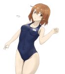  1girl :o absurdres bandaid bandaid_on_face blue_one-piece_swimsuit breasts brown_eyes brown_hair collarbone covered_navel dutch_angle highres kantai_collection light_brown_hair minoa_11touhei new_school_swimsuit oboro_(kancolle) one-piece_swimsuit school_swimsuit short_hair simple_background small_breasts solo swimsuit twitter_username white_background 