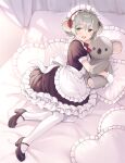  1girl :d bed black_footwear commission doll_hug e_(eokiba) gloves grey_hair heart heart_pillow high_heels highres koala_ears looking_at_viewer lying maid maid_headdress mary_janes object_hug on_bed on_side open_mouth original pantyhose pillow shoes short_hair skeb_commission smile solo stuffed_koala white_gloves white_pantyhose white_theme 