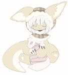 closed_eyes creature made_in_abyss nanachi_(made_in_abyss) no_humans sitting smile tatososu white_background white_hair yellow_fur 