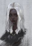  1girl arai_bokuseki black_eyes black_shirt close-up collared_shirt commentary_request cropped_shoulders dark-skinned_female dark_skin expressionless grey_background highres jewelry long_hair looking_at_viewer necklace original shirt solo white_hair 