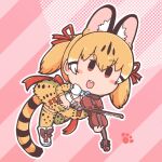  1girl animal_ears bow bow_(music) bowtie brown_eyes brown_hair cat_ears cat_girl cat_tail extra_ears full_body holding_violin instrument kemono_friends kemono_friends_v_project kneehighs large-spotted_genet_(kemono_friends) looking_at_viewer numazoko_namazu pink_background ribbon shirt shoes short_hair simple_background skirt socks solo tail twintails violin virtual_youtuber 