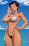  1girl abs absurdres armpits beach bikini black_bikini black_hair blue_sky breasts brown_eyes calling cleavage cloud collarbone commentary dark-skinned_female dark_skin day dc_comics earrings english_commentary eyelashes hand_on_own_hip hand_to_own_face highleg highleg_bikini highres hip_bones jewelry large_breasts lips lois_lane looking_afar looking_ahead mangho my_adventures_with_superman navel nose ocean open_mouth outdoors short_hair sideboob sky solo standing string_bikini stud_earrings superman_(series) swimsuit tan teeth thighs tomboy toned underboob upper_teeth_only very_short_hair white_bikini 