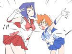  2girls bishoujo_senshi_sailor_moon blue_bow blue_skirt blush_stickers bow breasts cosplay cowboy_bebop edward_wong_hau_pepelu_tivrusky_iv faye_valentine multiple_girls one_eye_closed open_mouth orange_hair purple_hair red_bow red_sailor_collar red_skirt sailor_collar sailor_mars sailor_mars_(cosplay) sailor_mercury sailor_mercury_(cosplay) short_hair skirt wakana_kuraguchi 